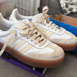 adidas White and Beige Suede-Trim Athletic Sneakers